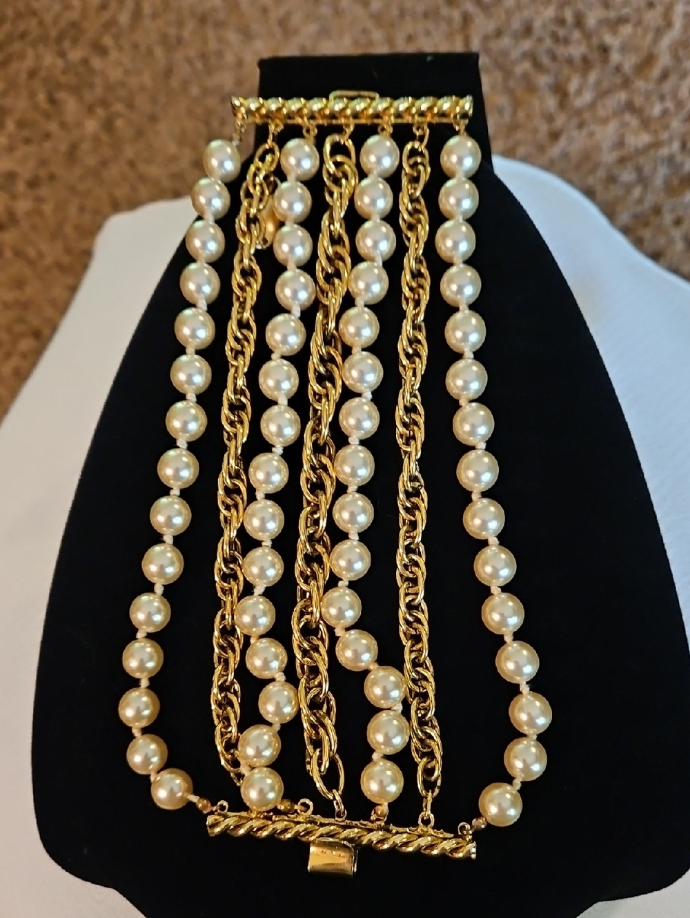 Moschino Vintage Multi -Strand Gold Tone Chain & Pearl Cuff Bracelet